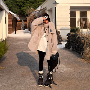 LEDIM WANG水貂灰仿羊羔毛皮草女轻奢感皮毛一体外套围巾25冬新款