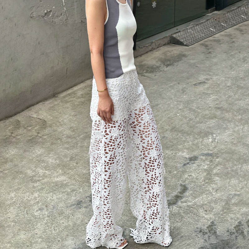 LEDIM WANG亮片镂空直筒长裤女2024夏季新款小众设计感蕾丝阔腿裤