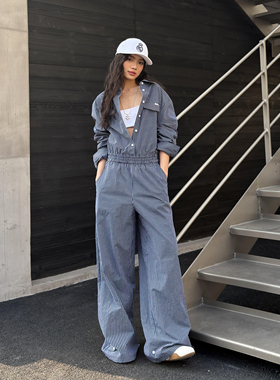 LEDIM WANG蓝色格纹工装连体裤女百搭通勤休闲阔腿裤2026春夏新款