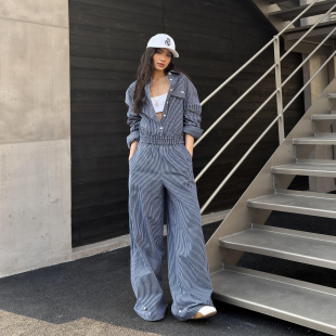 2026春夏新款 LEDIM 女百搭通勤休闲阔腿裤 连体裤 WANG蓝色格纹工装