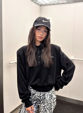 LEDIM WANG白标/刺绣垫肩针织衫毛衣女POLO领黑色上衣25秋冬新款