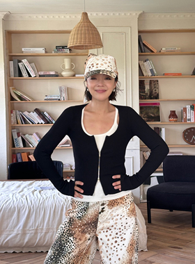 LEDIM WANG白标/百搭修身U领开衫针织衫女黑色贴身长袖上衣25秋季