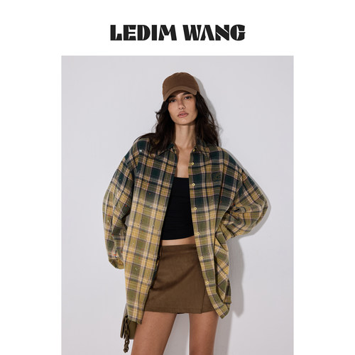 LEDIMWANG渐变长袖格子衬衫
