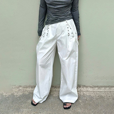 LEDIMWANG铆钉背带休闲裤长裤白