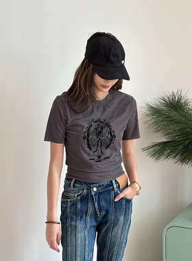 LEDIM WANG撞色印花T恤女灰色修身短款辣妹风休闲百搭丝绒短袖