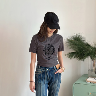 辣妹风休闲百搭丝绒短袖 短款 WANG撞色印花T恤女灰色修身 LEDIM