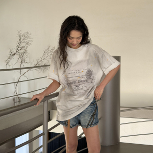 上衣2026春夏新款 LEDIM WANG灰白泼墨T恤女纯棉水洗直筒宽松短袖