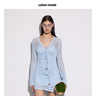 短裙2026早春新款 LEDIM WANG镂空收腰流苏连衣裙女V领浅蓝色长袖