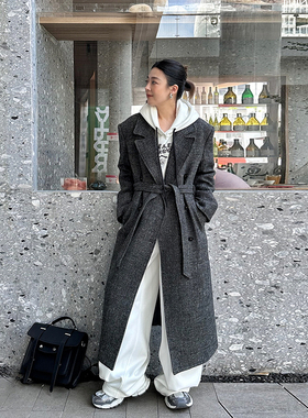 LEDIM WANG灰色毛呢外套女秋季新款高级感绵羊毛气质宽松长款大衣