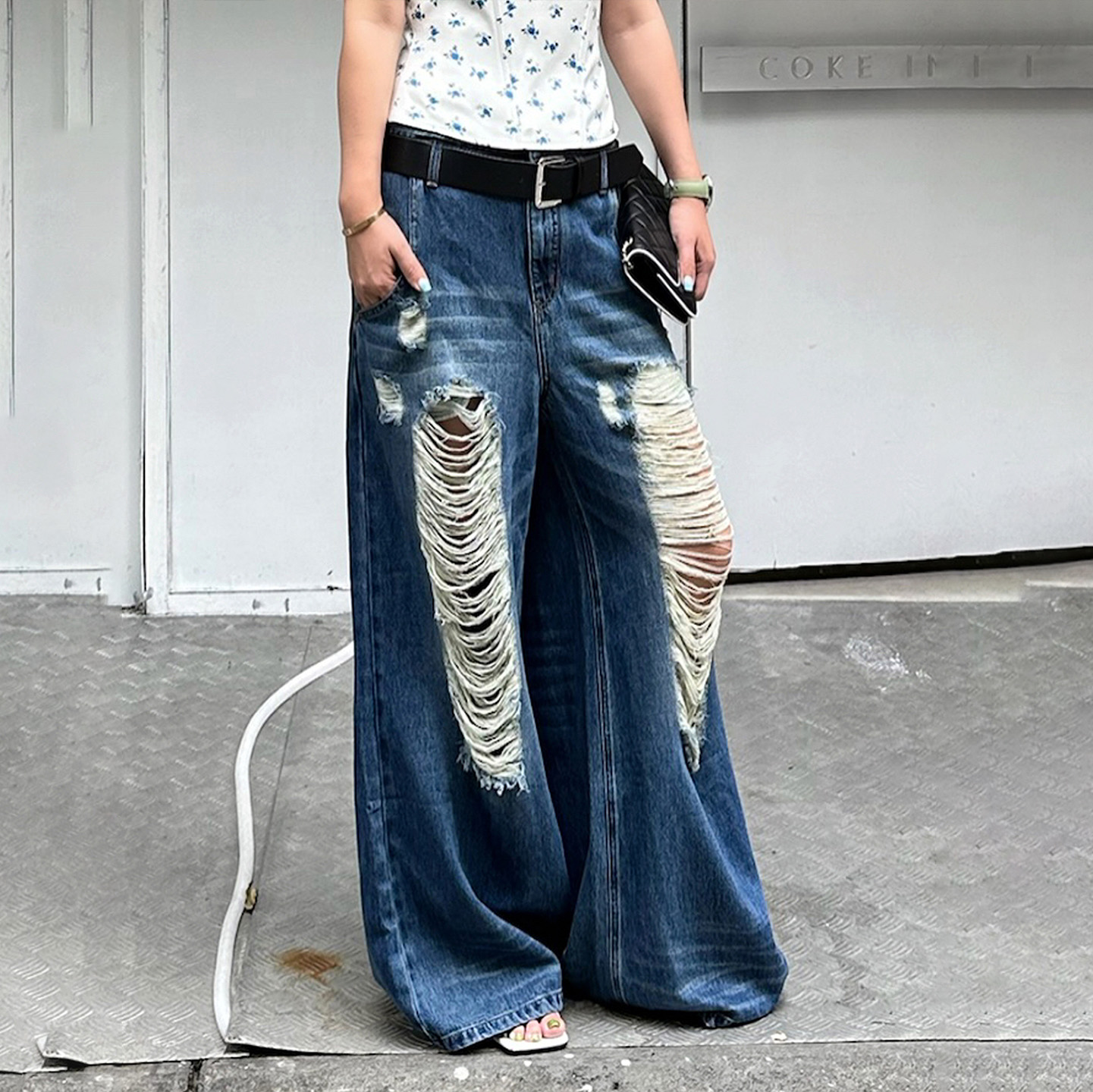 LEDIM WANG白标/美式皮带拼接莱赛尔破洞牛仔裤女秋季2025新款