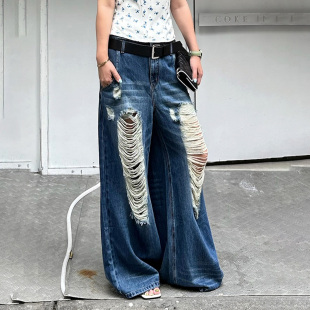 皮带拼接宽松休闲阔腿裤 LEDIM 女新款 莱赛尔破洞牛仔裤 WANG美式