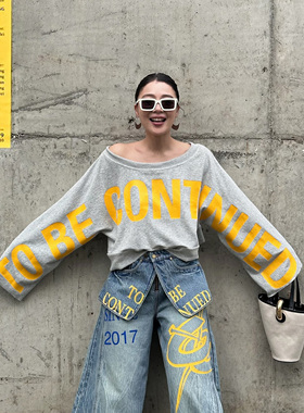 【于文文王霏霏同款】LEDIM WANG美式斜肩印花T恤女25秋冬上衣