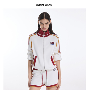 女2026春夏新款 套装 白色开衫 外套 LEDIM 短裤 WANG复古撞色时尚