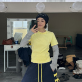 WANG红标 撞色假两件长袖 T恤女黄色休闲百搭上衣25冬季 LEDIM 新款