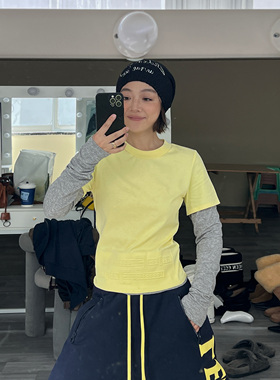 LEDIM WANG红标/撞色假两件长袖T恤女黄色休闲百搭上衣25冬季新款