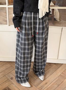 LEDIM WANG白标/灰白粗呢格纹休闲裤女慵懒宽松阔腿长裤25冬新款