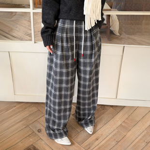 25冬新款 LEDIM 女慵懒宽松阔腿长裤 灰白粗呢格纹休闲裤 WANG白标