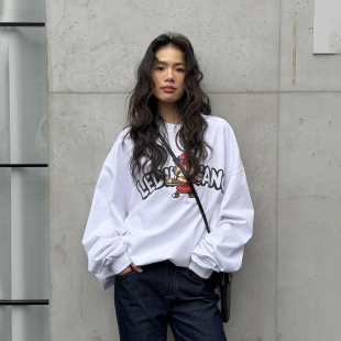 新款 T恤女白色宽松廓形百搭上衣2026春季 WANG纯棉印花长袖 LEDIM