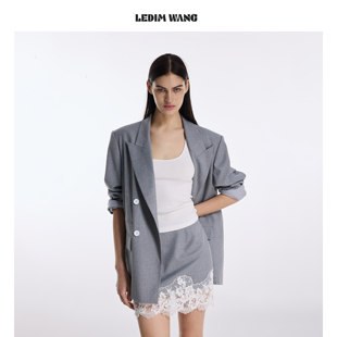 外套女灰色高智休闲通勤2026春夏新款 LEDIM WANG柔性职场蕾丝西装