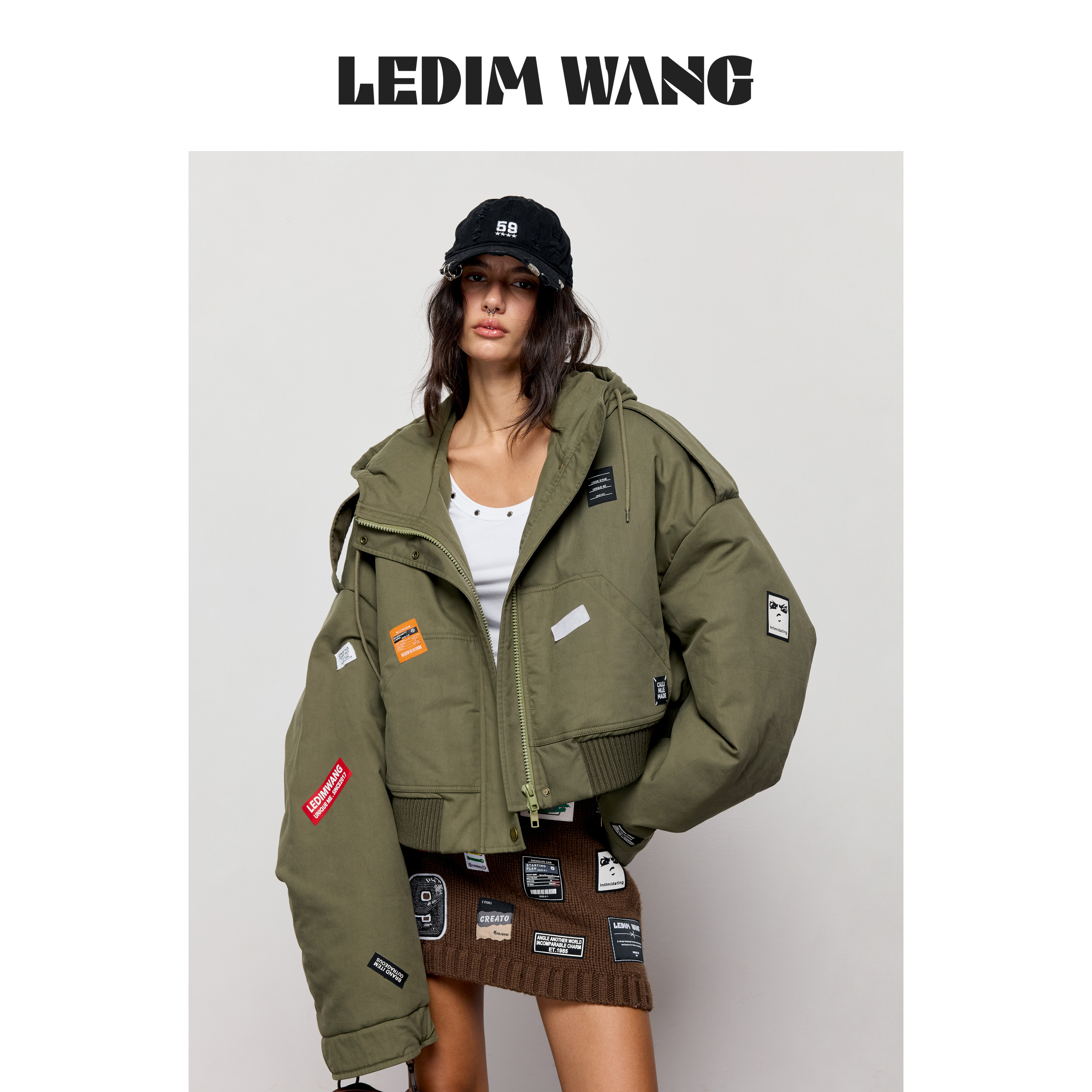 LEDIM WANG美式廓形连帽棉服外套短款连帽军绿色保暖2026秋冬新款