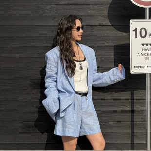 西服2026春夏新款 LEDIM 外套女松弛感通勤长袖 蓝调亚麻西装 WANG