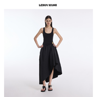 LEDIM WANG解构拼接背心连衣裙女黑色收腰裙摆中长裙2026春夏新款