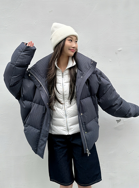 LEDIM WANG立领条纹短款羽绒服女冬日保暖慵懒氛围感2024冬季新款