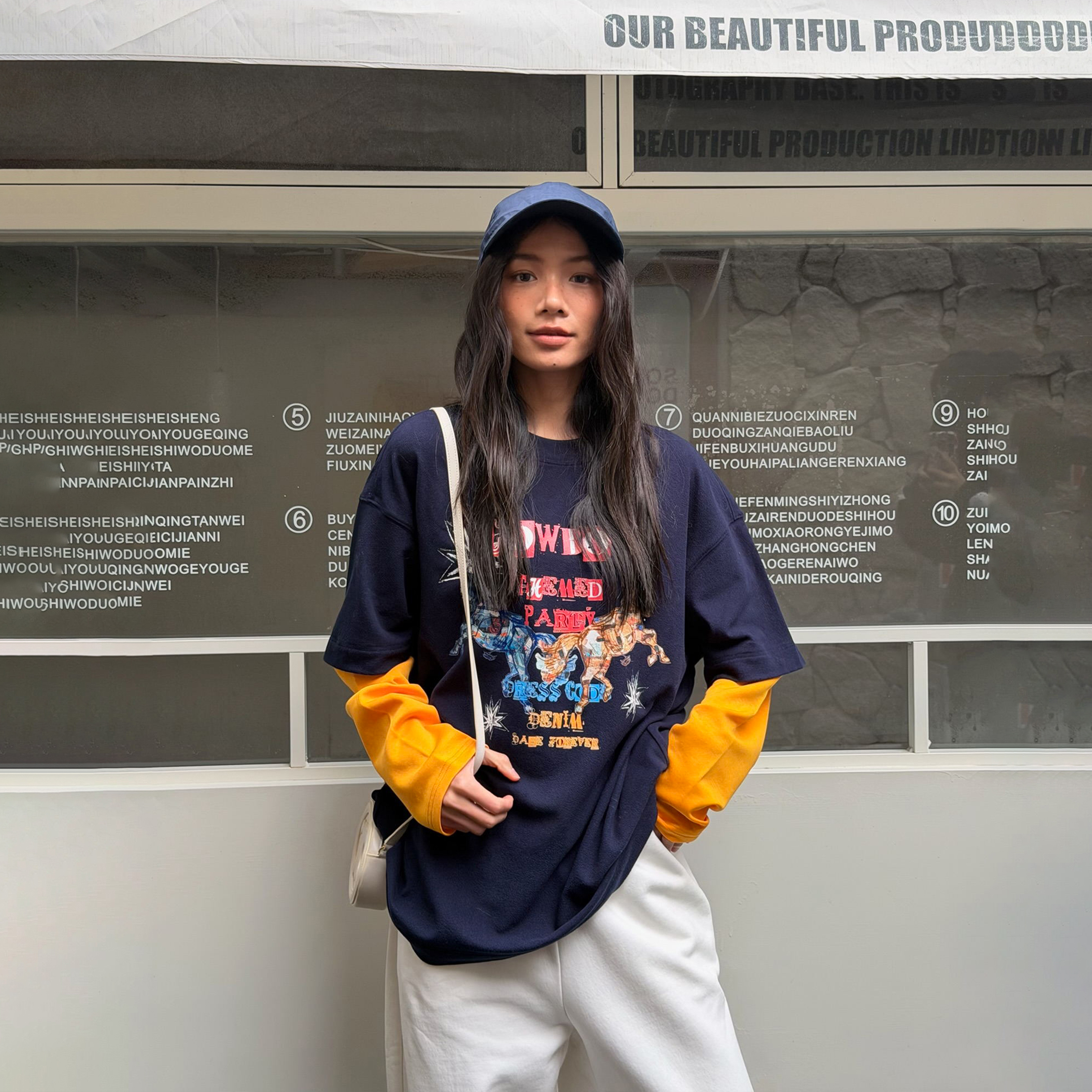 LEDIM WANG红标/撞色假两件印花T恤女宽松百搭长袖上衣25秋冬新款