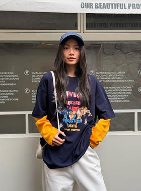 LEDIM WANG红标/撞色假两件印花T恤女宽松百搭长袖上衣25秋冬新款