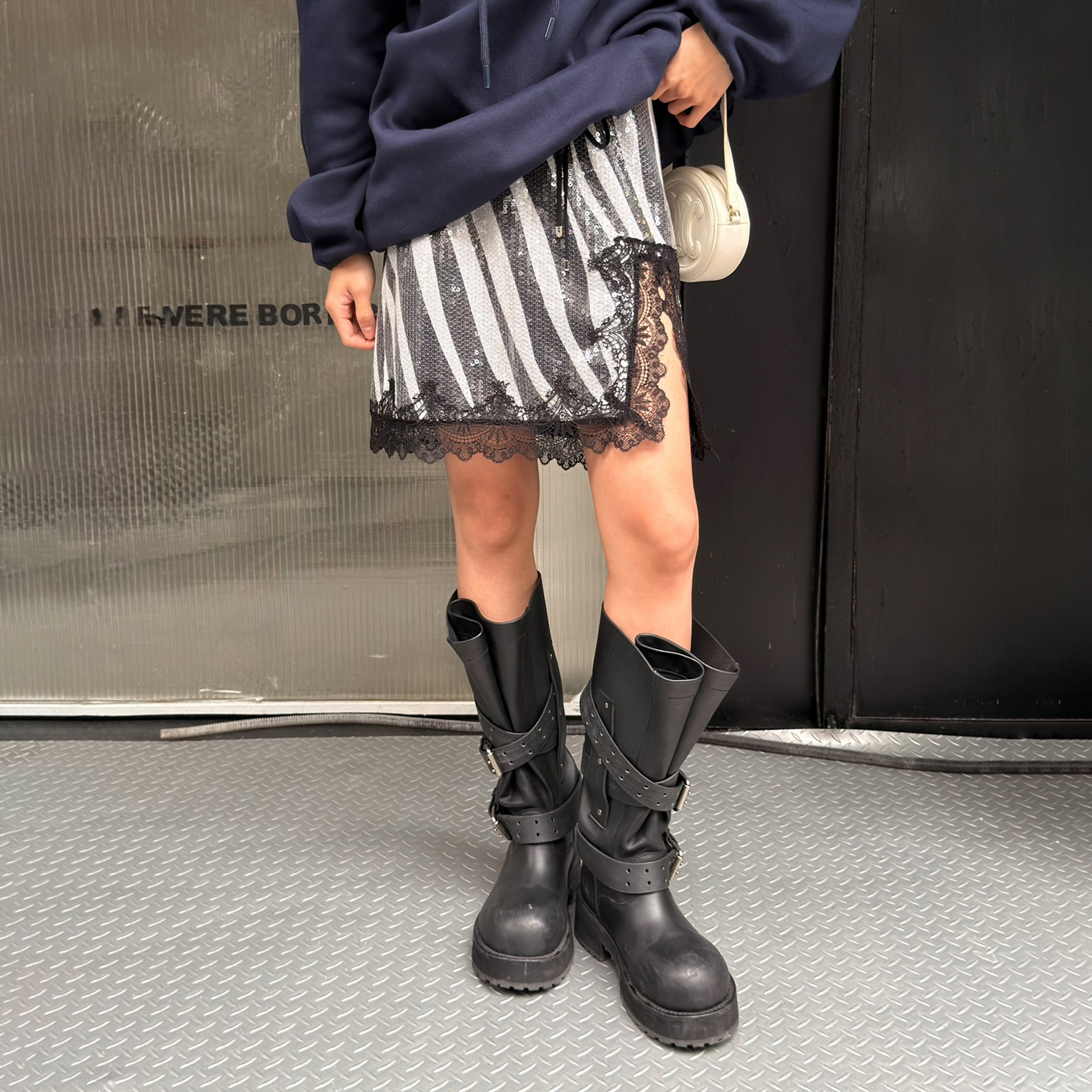 LEDIM WANG白标/斑马纹亮片半身裙女蕾丝拼接薄款中裙25秋冬新款