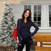 上衣25秋冬新款 LEDIM WANG动物纹可拆毛领V领T恤女藏青色内搭长袖