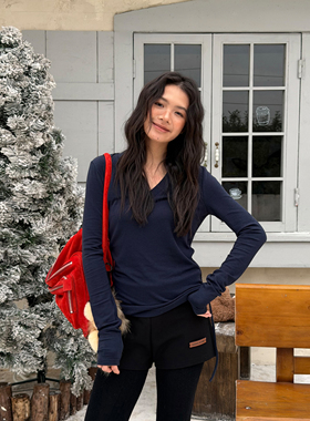 LEDIM WANG动物纹可拆毛领V领T恤女藏青色内搭长袖上衣25秋冬新款