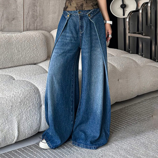 WANG折叠阔腿牛仔裤 LEDIM 女夏莱赛尔天丝复古长裤 明星同款