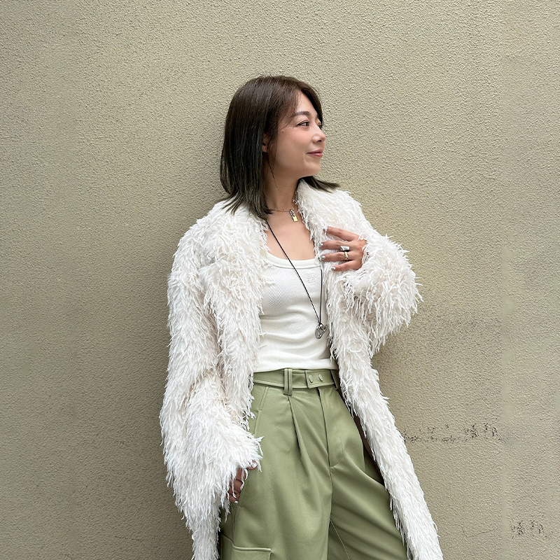 LEDIM WANG落羽流苏翻领长款环保皮草女舒适保暖百搭2024冬季新款