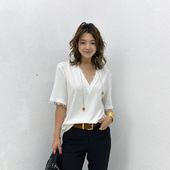 LEDIM 孙千同款 WANG淡人蕾丝V领T恤女拼接花边宽松白色短袖