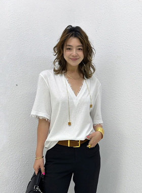 【孙千同款】LEDIM WANG淡人蕾丝V领T恤女拼接花边宽松白色短袖