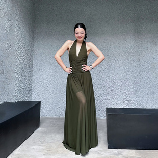 大摆连衣裙松绿收腰垂感长裙新款 LEDIM 挂脖修身 白标系列 WANG