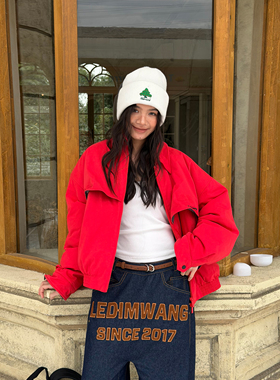 LEDIM WANG解构红色短款棉服外套女保暖宽松休闲夹克25秋冬新款