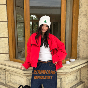 棉服外套女保暖宽松休闲夹克25秋冬新款 WANG解构红色短款 LEDIM