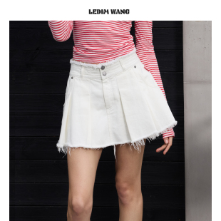 LEDIM WANG须边压褶牛仔半身裙女白色复古直筒短裙2026春夏新款