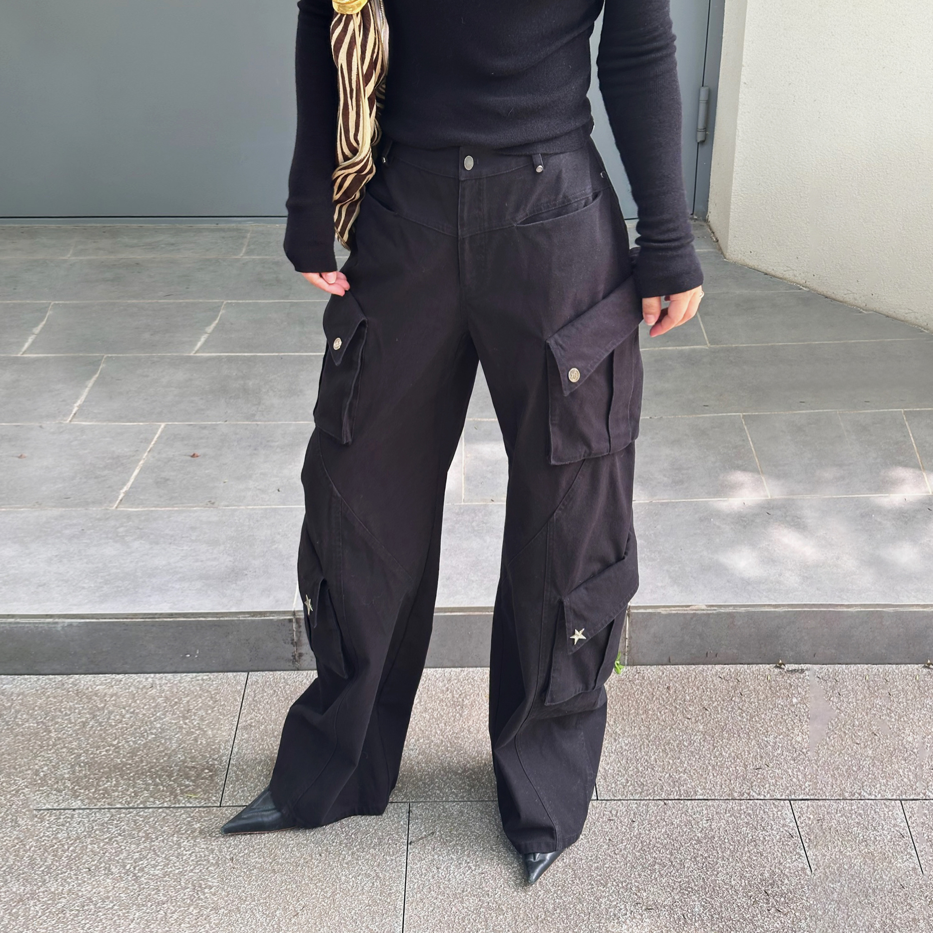 LEDIM WANG白标/铆钉多袋洗水休闲裤女黑色直筒工装裤2025冬新款