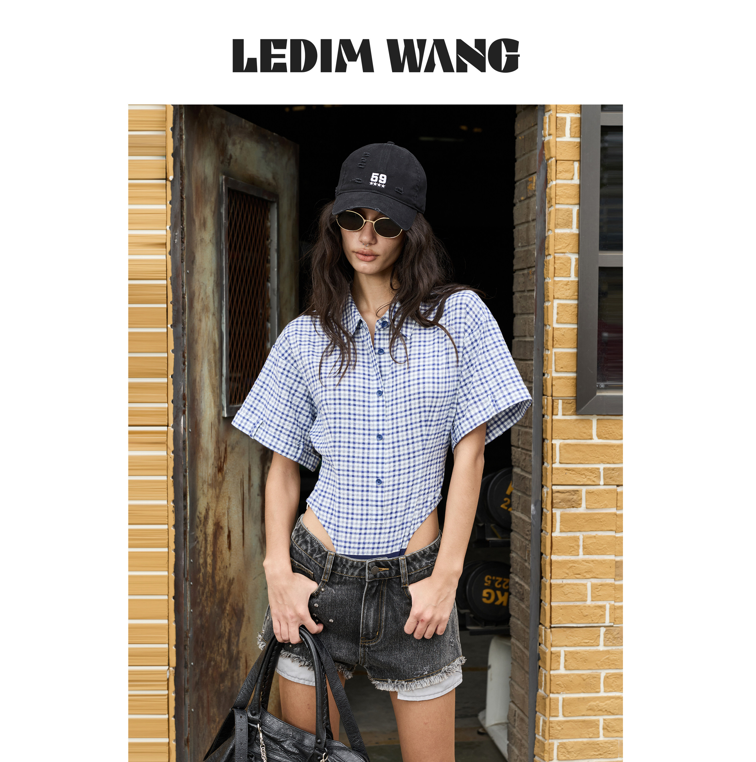 LEDIM WANG蓝白格纹收腰摸底衬衫女百搭短袖辣妹上衣2026夏季新款