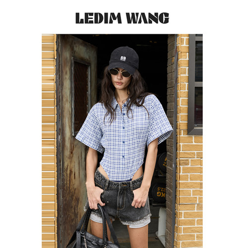LEDIMWANG蓝白格纹收腰摸底衬衫