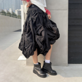 立体褶皱黑色半身裙女A字不规则中长裙2026春季 WANG 新款 LEDIM