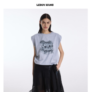 T恤女灰色棉质百搭休闲上衣2026春夏新款 涂鸦无袖 WANG美式 LEDIM