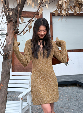 LEDIM WANG甜酷混色针织长袖连衣裙女秋香色修身短裙25秋冬新款