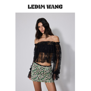 LEDIM WANG镂空透视蕾丝衫女26夏季新款黑色灯笼泡泡袖设计感上衣