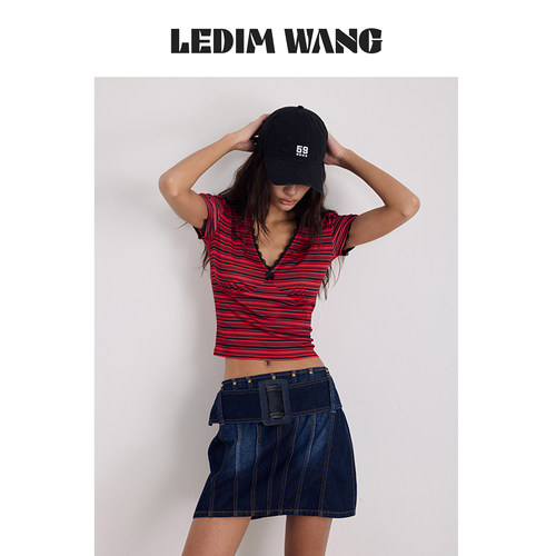LEDIMWANG花边V领蕾丝条纹T恤