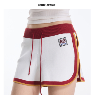 女白色休闲透气2026春夏新款 LEDIM WANG美高风复古撞色针织短裤