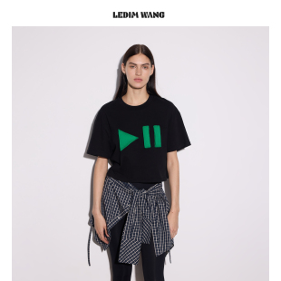 T恤女黑色百搭直筒上衣26春夏新款 LEDIM WANG播放键立体按钮短袖